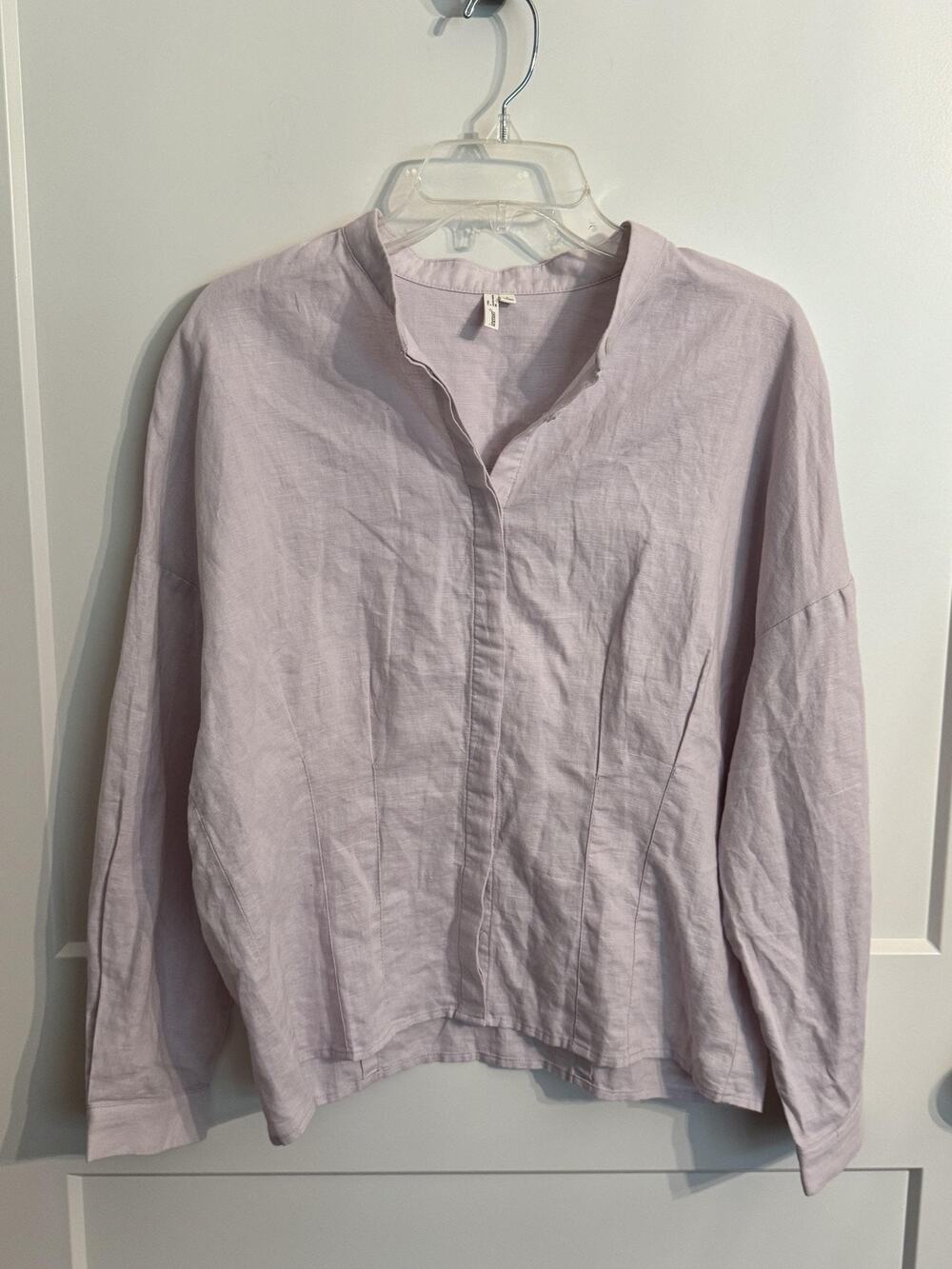 Inman Blouse Sz L Purple Flax Cotton Button Front Mandarin Collar Long Sleeve
